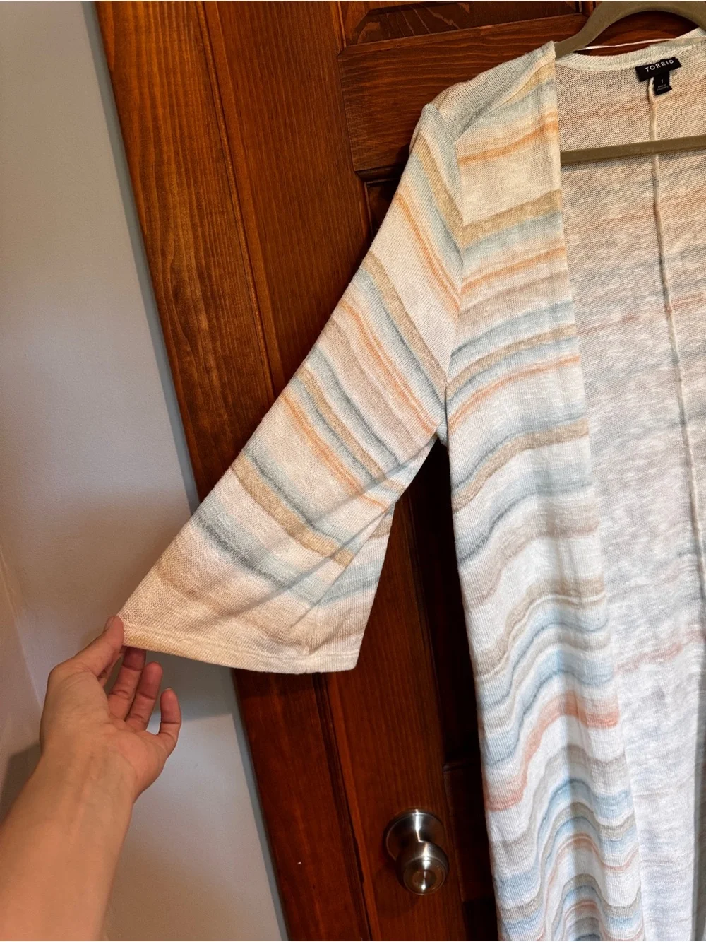 torrid Cream and Light Blue Striped Open Front Cardigan